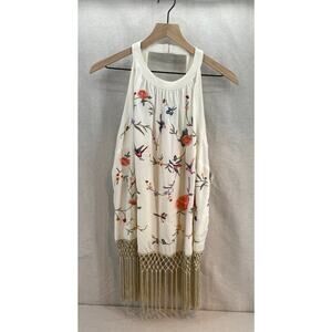 Anthropologie Gatsby Fringe Floral Bird Embroidered Tank size 14 NWT